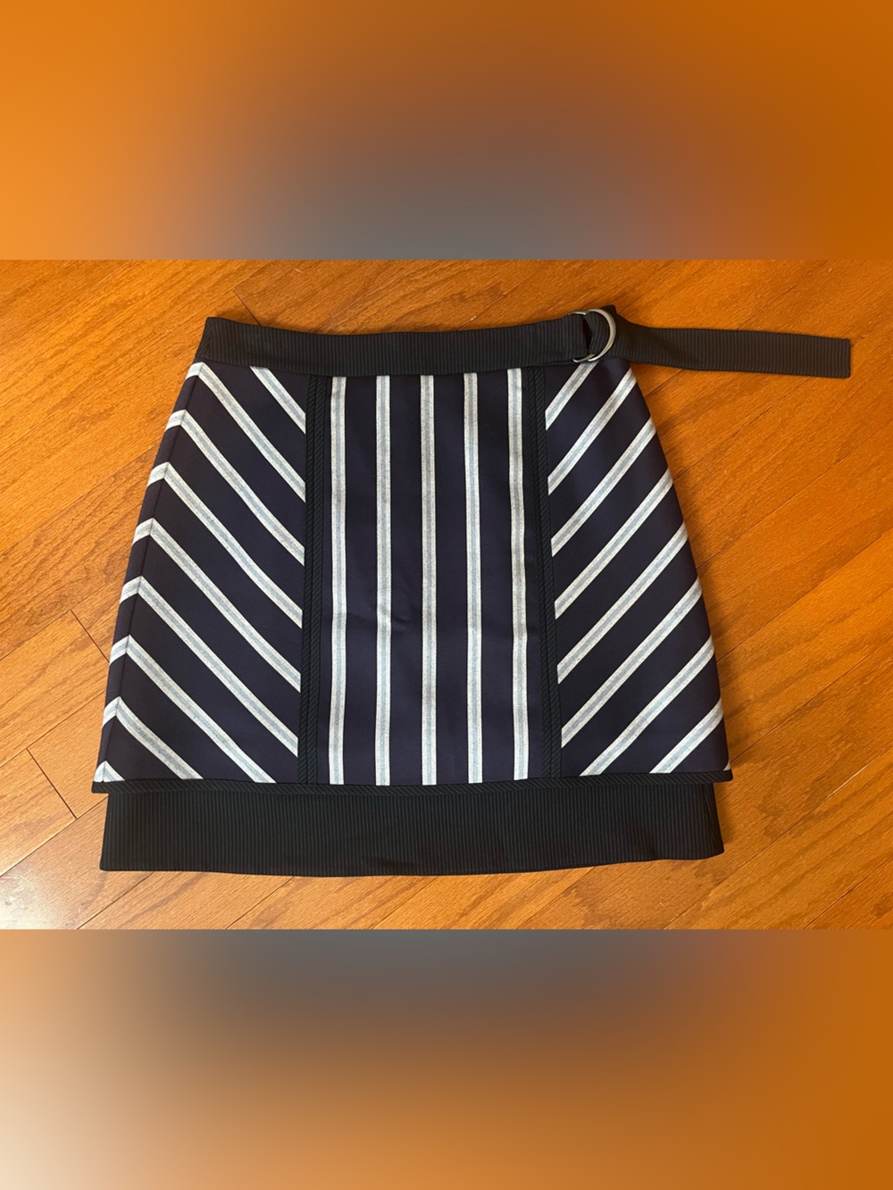 BCBGMaxAzria Navy and Silver Striped Mini Skirt with Belt Detail